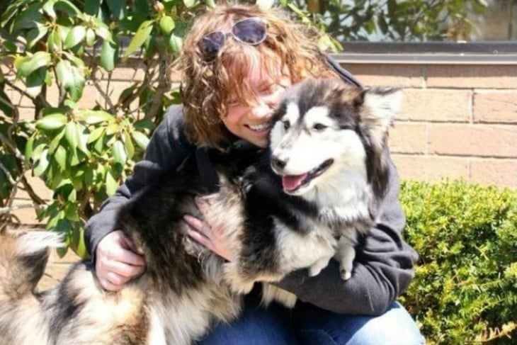 perro husky con mujer abrazados