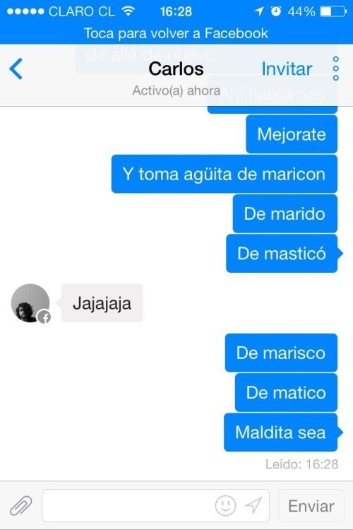 Captura de pantalla de una conversación por facebook entre dos personas deseando se mejore de salud 