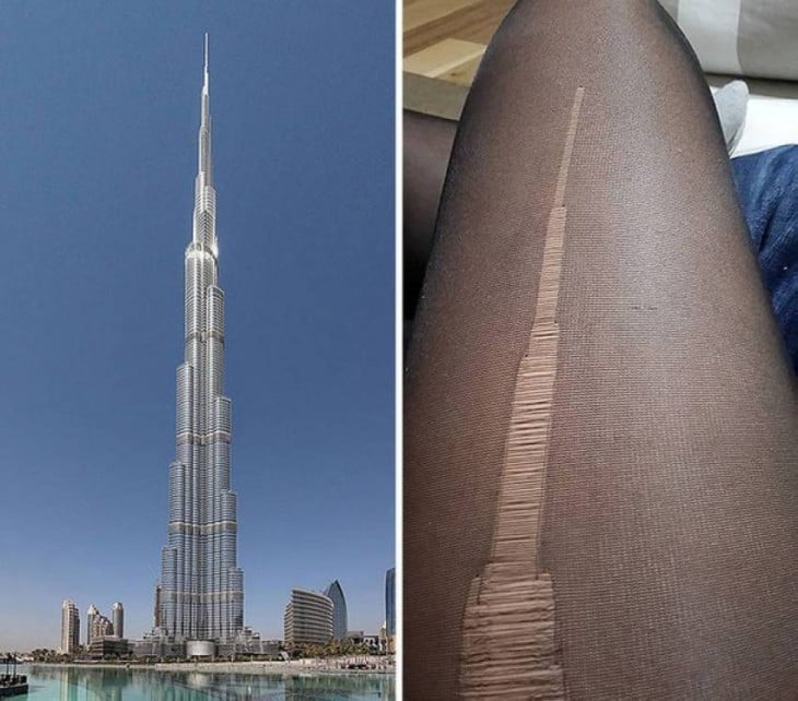 Torre Burj Khalifa junto a una imagen de unas medias desgarradas 