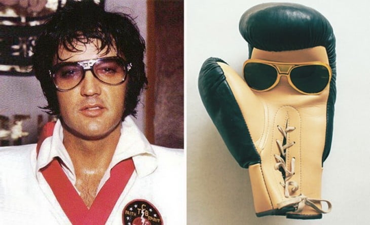 Elvis presley junto a un guante de box con lentes 