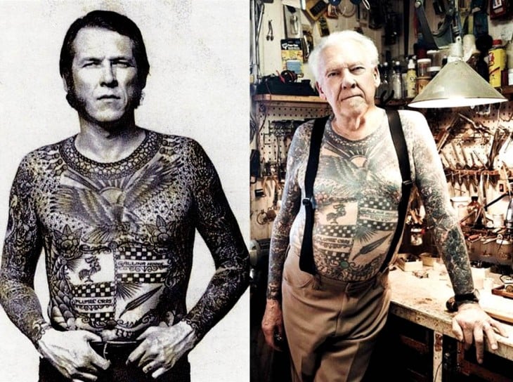 el antes y después de un hombre con el cuerpo tatuado 