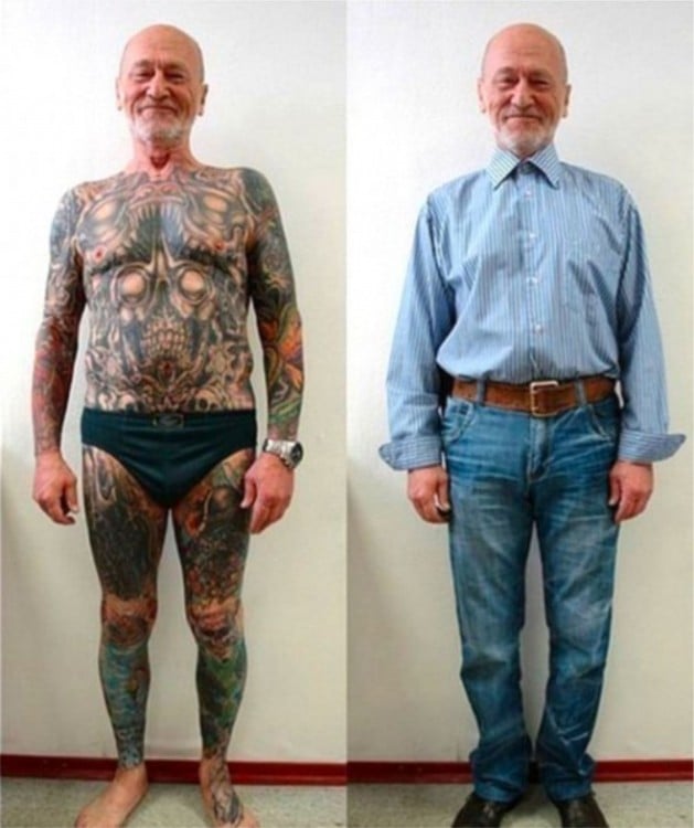 hombre de edad mayor con tatuajes con ropa y sin ropa 