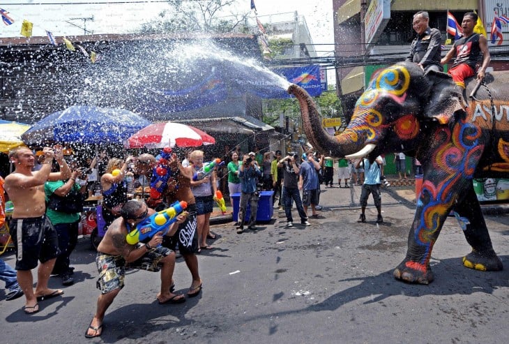 elefante rociando con agua a personas en la calle 