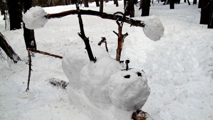 Muñeco de nieve colgando de una rama