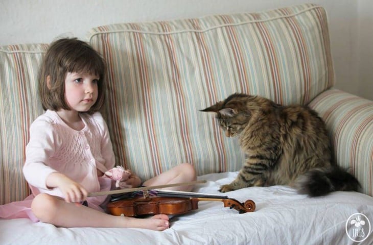 Niña con un violín y su gato en un sillón 