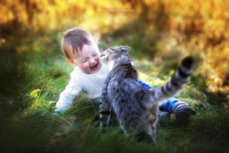 Niño riendo al jugar con su gato sobre un pasto 
