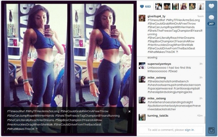 Fotografía de una chica que esta en su casa vestida con ropa deportiva publicada en facebook con muchos hashtag 