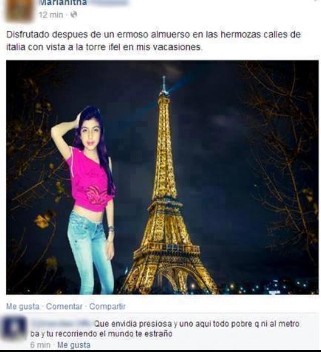 Captura de pantalla de una fotografía de una chica en Facebook que hizo photoshop de la torre Ifel 