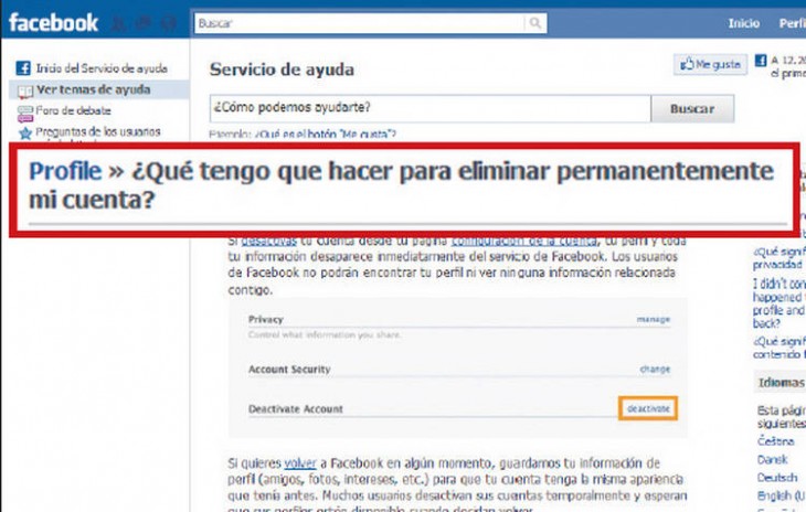 Captura de pantalla que muestra a una persona que pregunta como hacer para eliminar su Facebook