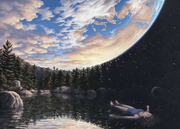 Pintura que tiene una niña flotando en el agua mirando hacia el cielo y el cielo con forma de planeta tierra 