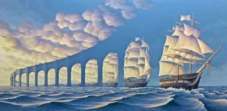 Pinturas de Rob gonsalves simulando unos barcos y unos puentes