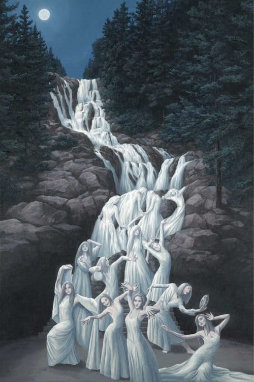 Pintura que simula a mujeres que bajan de una montaña de piedras bailando 