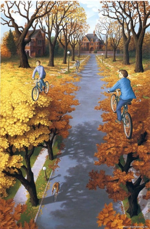 Pinturas de rob que simula a unos niños dando un paseo en bicicleta sobre árboles en una calle 