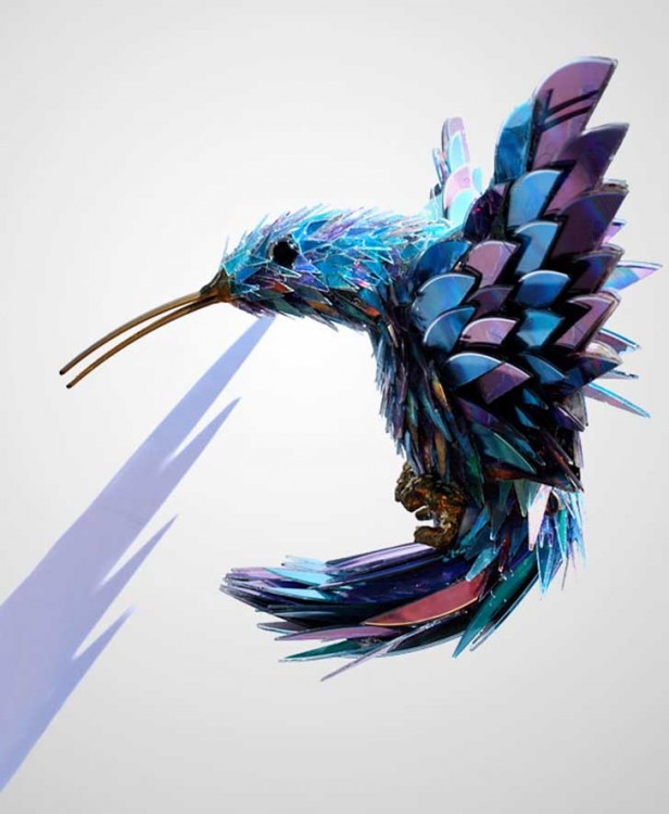 Colibrí hecho con partes de CDs 