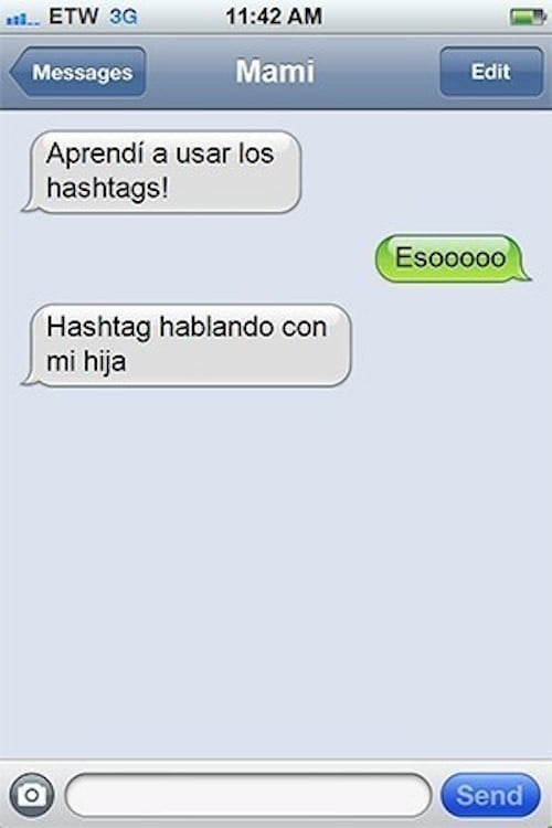 Mensaje de texto de mamá aprendiendo a usar hashtag 