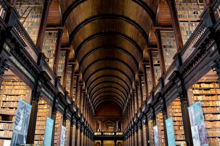 Biblioteca con un techo de madera en forma de arcos y con algunos tubos en color negro 