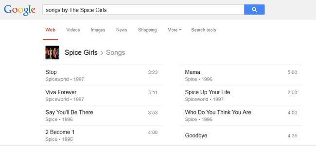 Captura de pantalla del ejemplo de una búsqueda de canciones de una banda musical 