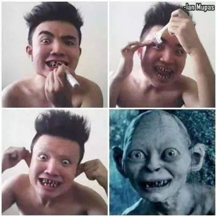 hombre pintándose los dientes y estirando sus orejas 