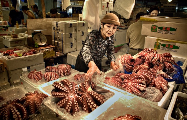 mujer tomando a unos pulpos de una caja con hielo 