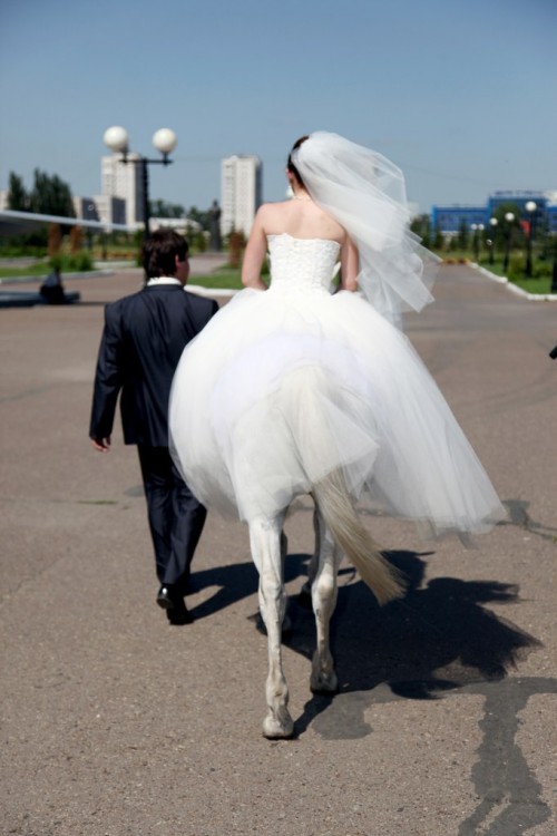 Pareja de novios donde la novia sobre un caballo simula ser un centauro con vestido de novia 