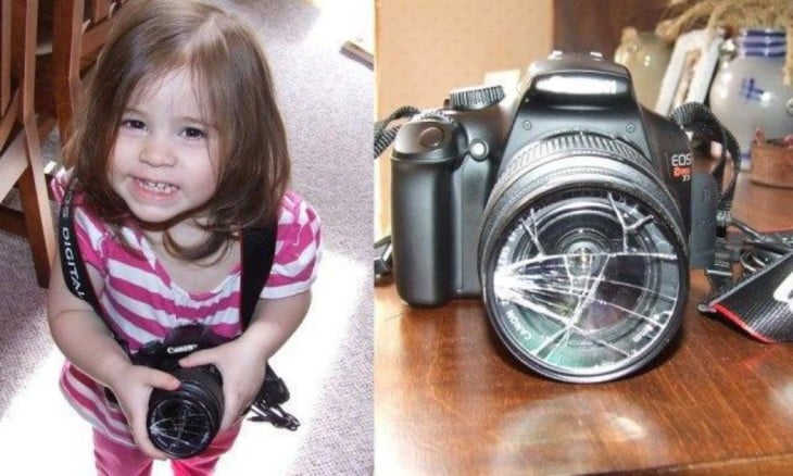 niña sosteniendo una cámara quebrada 