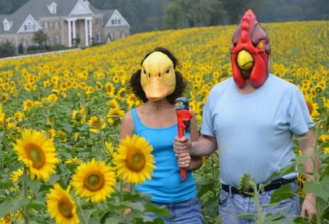 personas en un campo de girasoles usando una mascara de pato y gallo sosteniendo una llave 