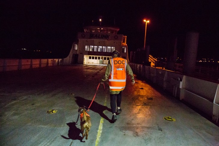 policia con un perro de bíoseguridad en un barco