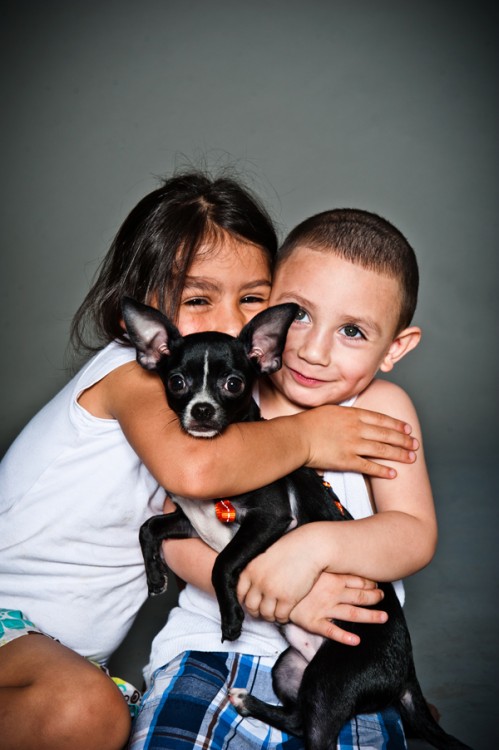 Niños abrazando a un perro chihuahua