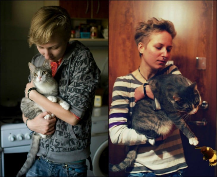 Antes y después de una chica y su gato 