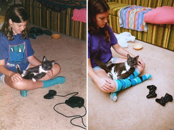 Antes y después de una chica con su gato 