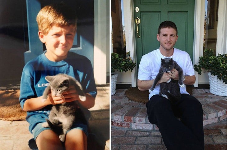 Antes y después de un chico con su gato 