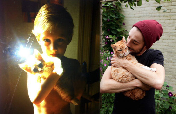 Antes y después de un chico con su gato 