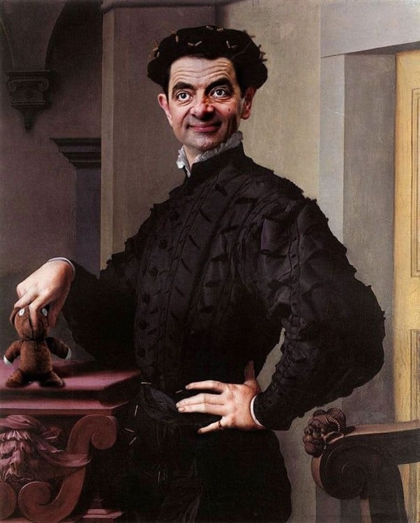 Retrato Agnolo Bronzino con la cara de Mr. Bean 