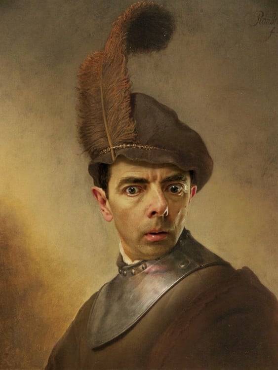 Retrato de un viejo en traje militar con la cara de Mr. Bean 