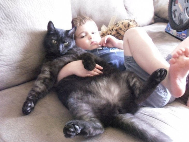 Niño abrazado a gato