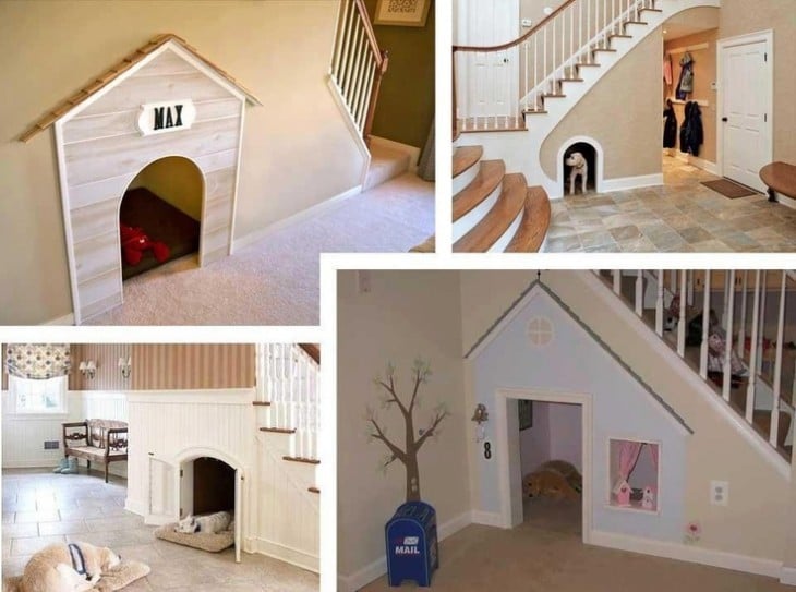 casa para perro bajo las escaleras dentro de una casa