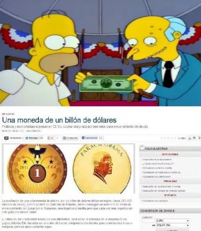 caricaturas sosteniendo un billete y abajo de ellos una noticia donde dice que existe una moneda con valor de un millón de dolares 