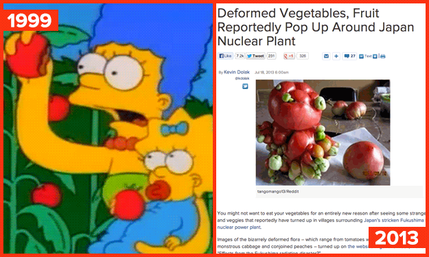caricatura amarilla con cabello azul y bebe en los brazos observan un tomate que es radioactivo 