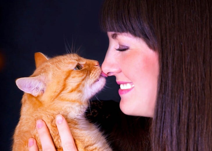 Gato lamiendo la nariz de una mujer 