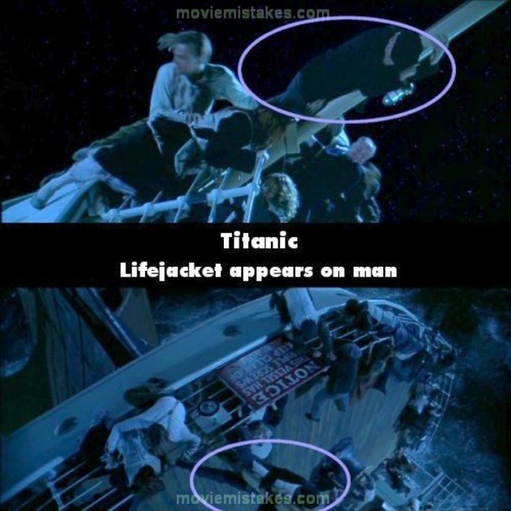 Errores de la película el Titanic de un hombre que aparece con un salvavidas en otra escena 