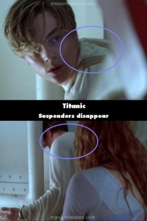 Errores de la película del Titanic donde los suspensores del pantalón de Jack desaparecen 