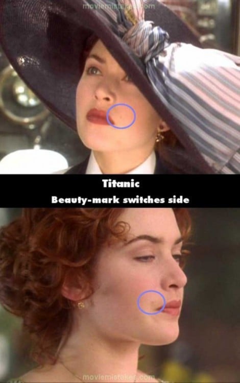 Comparación de que el lunar del personaje de Rose en la película Titanic cambiaba de lugar 