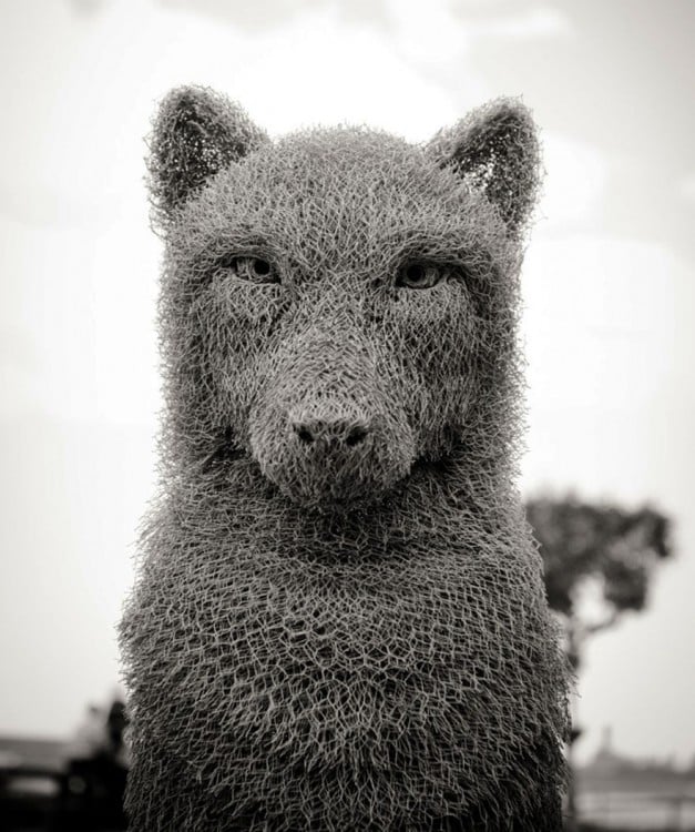 Escultura con forma de lobo hecho de alambre