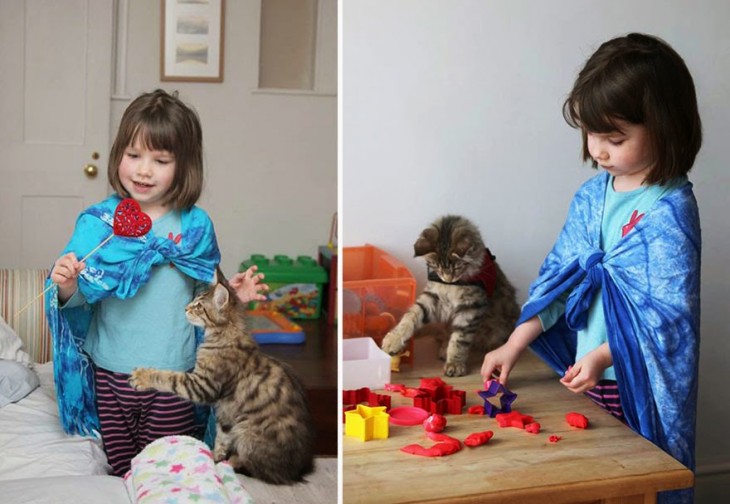 imagen de una niña jugando junto a su gato 