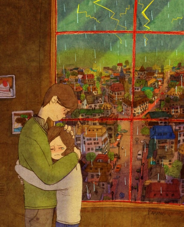 Ilustración de Puuung donde la pareja esta abrazada frente a la ventana 