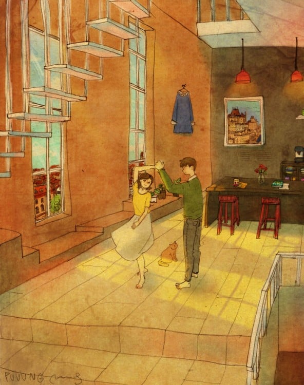 Ilustración de puuung donde la pareja baila en su casa 