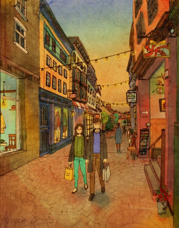 Ilustración de puuung donde muestra una pareja caminando por la calle 