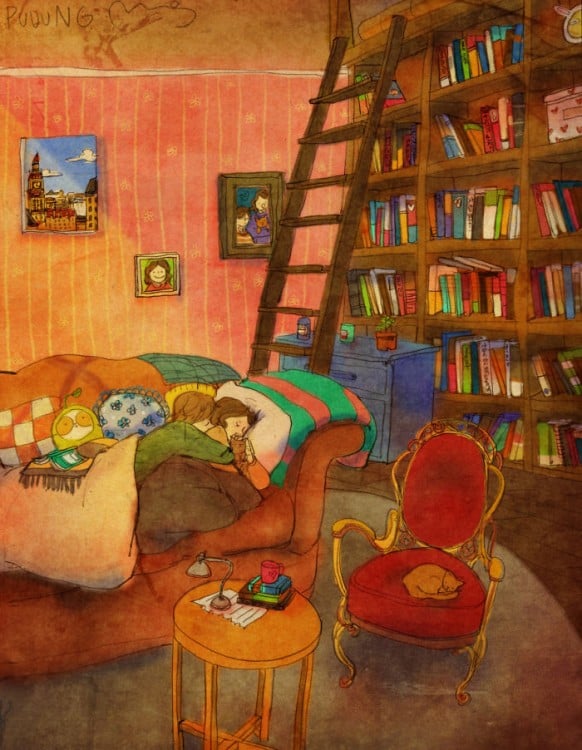 Ilustración de Puuung donde la pareja duerme abrazada en su habitación 