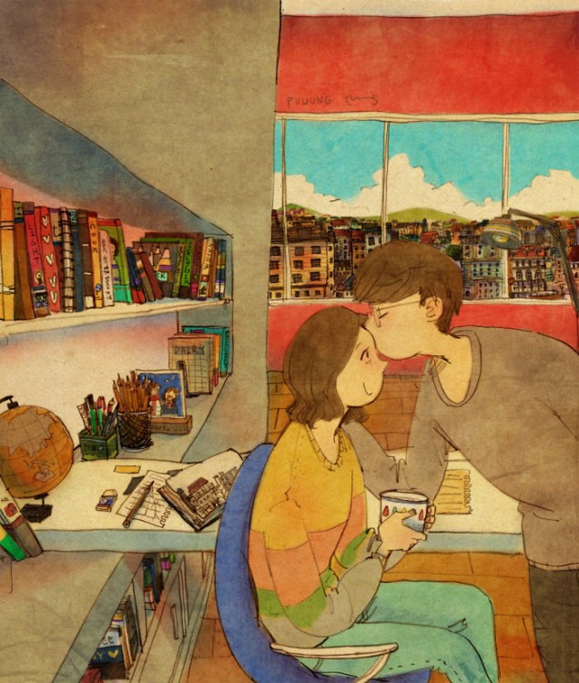 Ilustración de Puuung donde el chico besa en la frente a su chica 