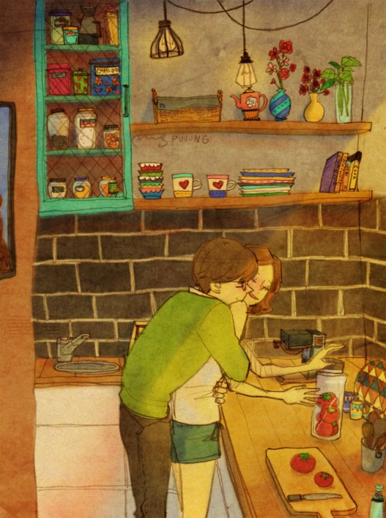 Ilustración de puuung de una pareja abrazada en la cocina 